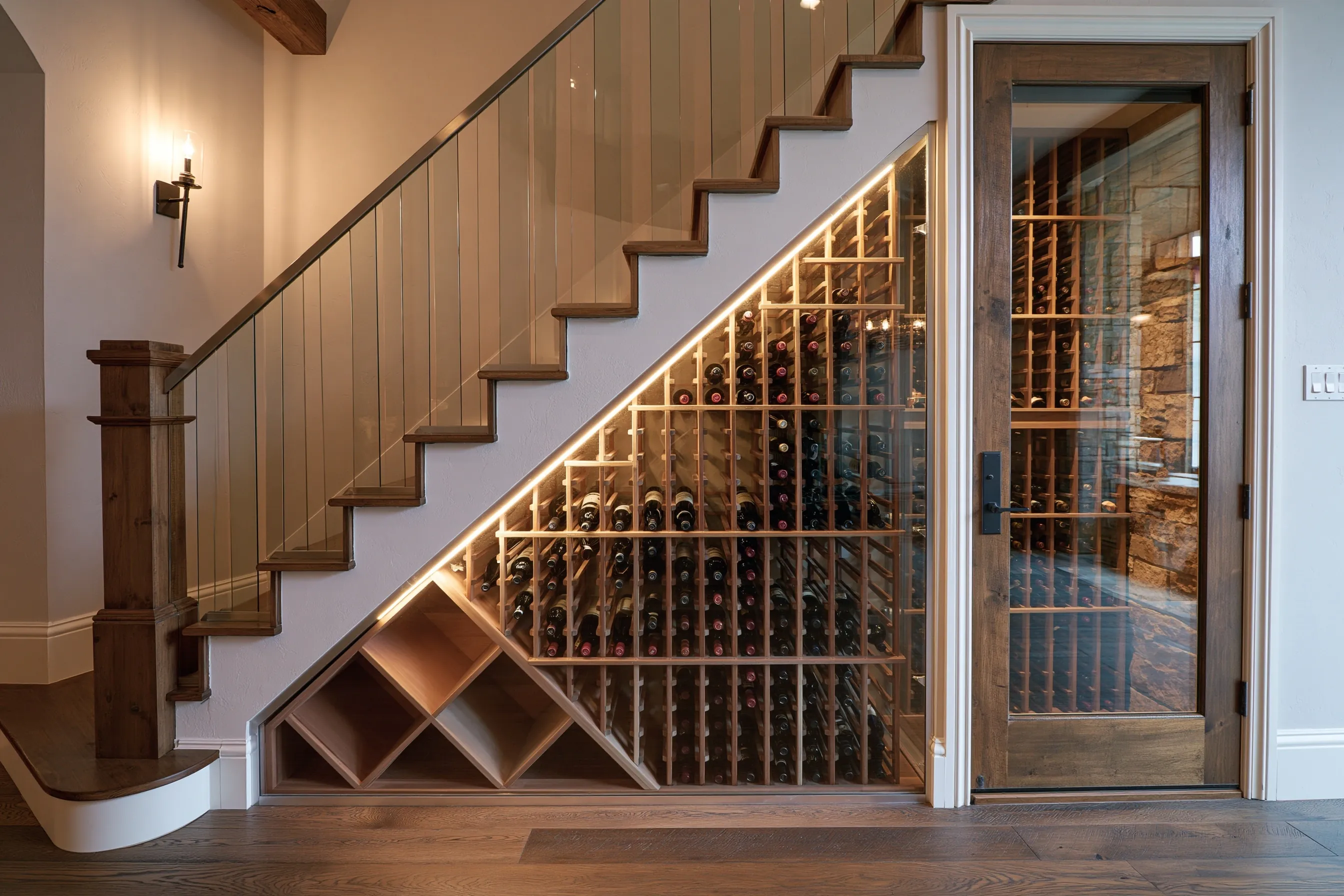 Wood wine racks under a drywall-boxed stair with a glass rail, lit by a strip along the stair, diamond bins at the low end and a wood-framed glass door at the tall end