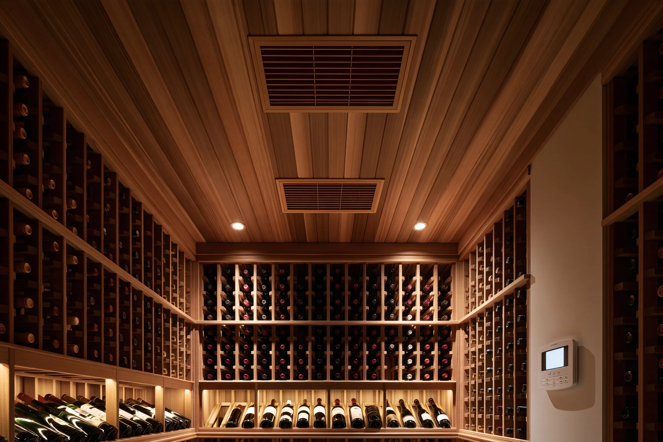 Wood-ceilinged wine cellar with two rectangular cooling grilles overhead, individual-bottle racking on three walls and a wall-mounted controller