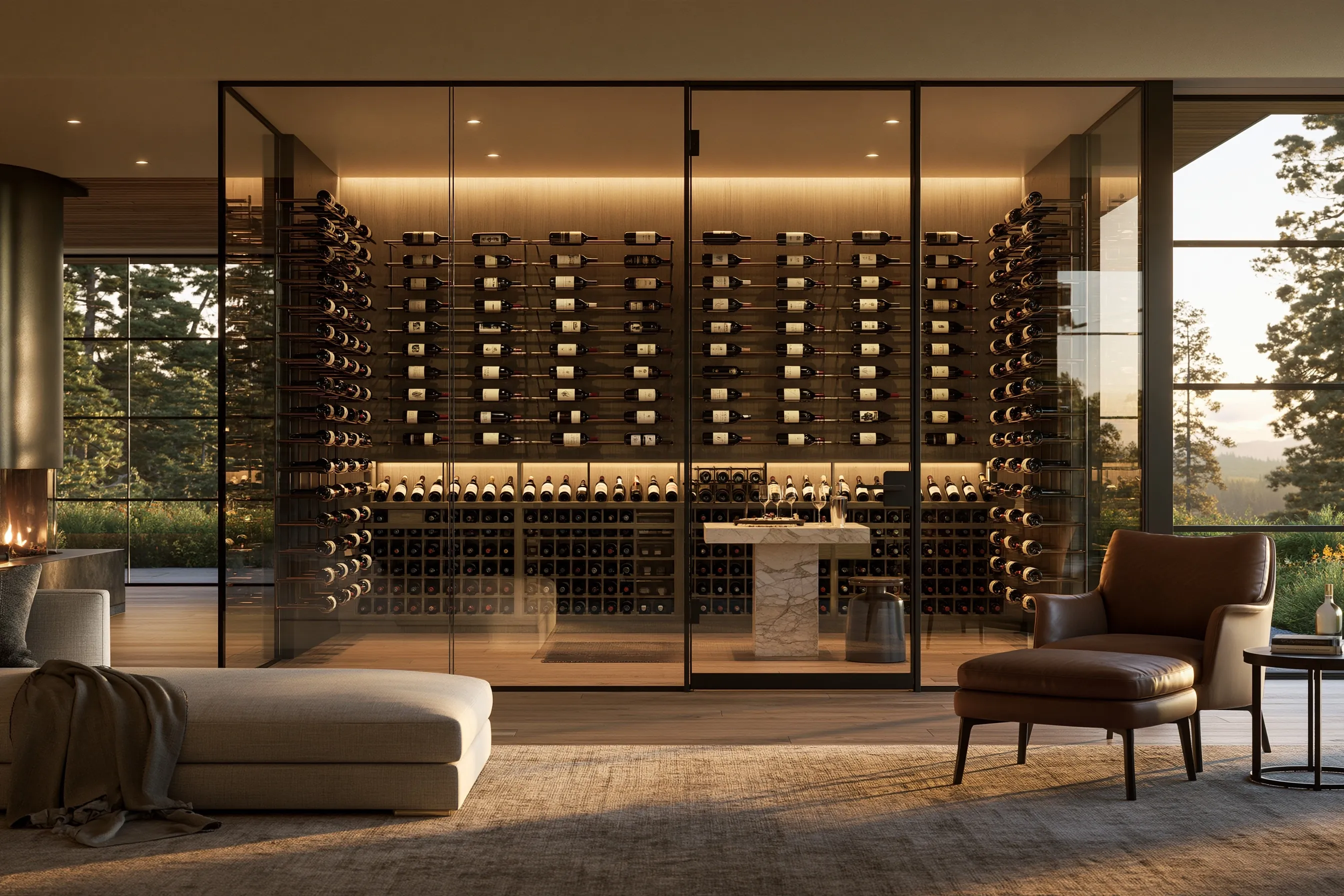 Glass-walled wine room behind a living-room sofa and leather armchair, with floating rods holding bottles label-forward and a marble tasting table inside