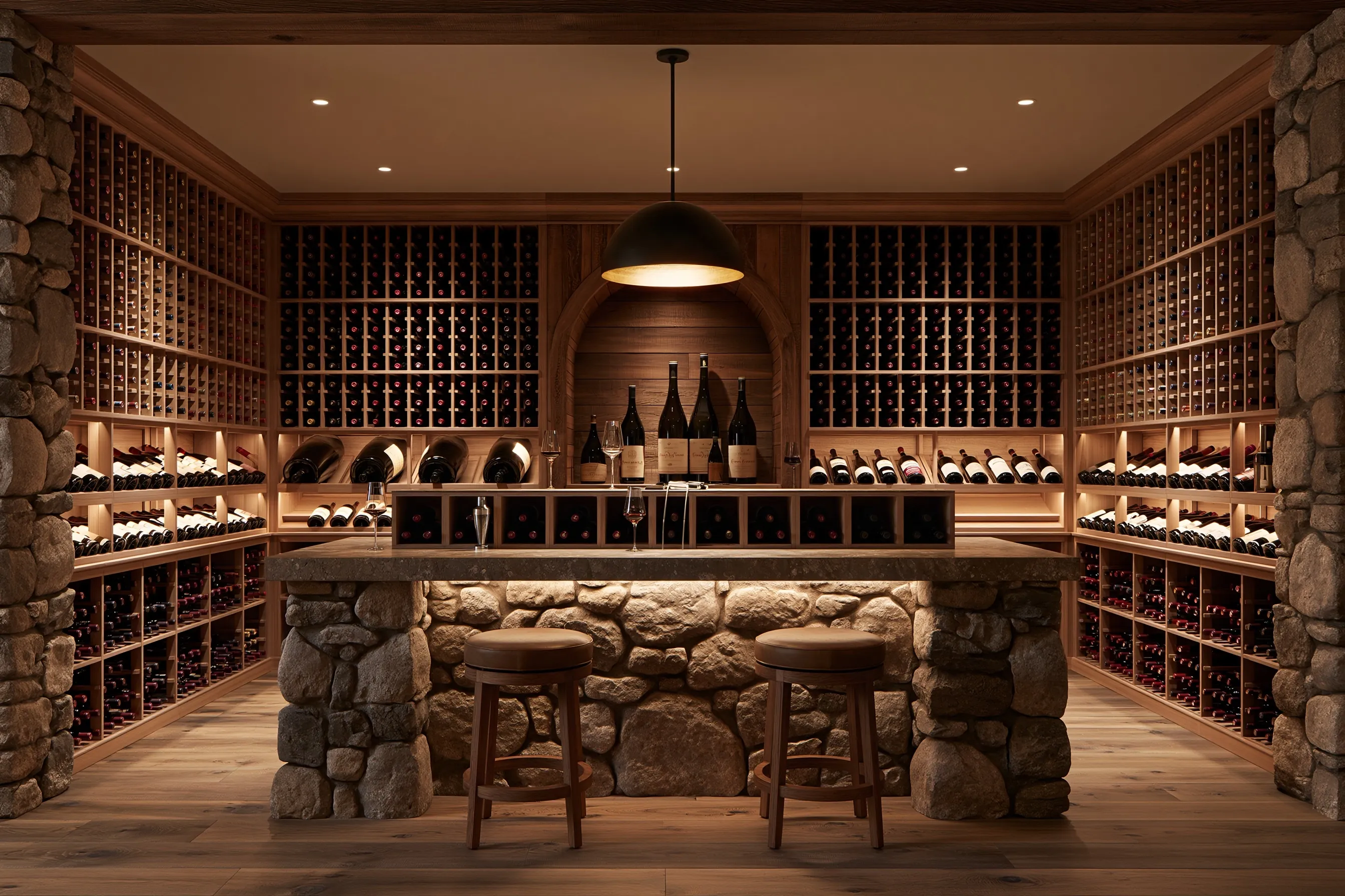 Walk-in wine cellar with wood racking on three walls, an arched niche for large bottles and a stone-based tasting counter with two stools