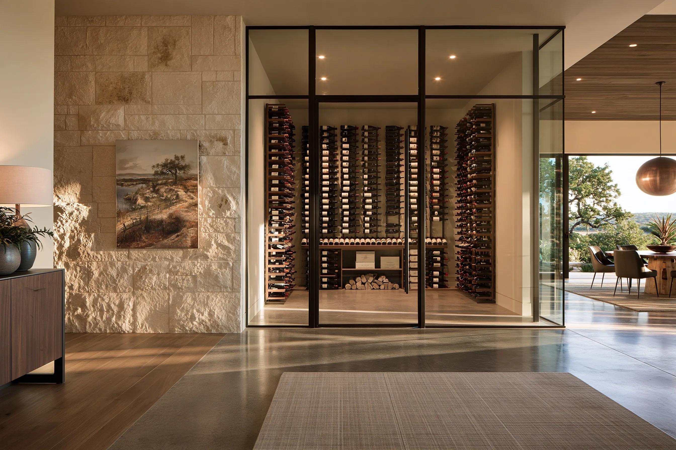 Steel-framed glass wine room off a limestone-walled entry hall, with tall racking and a dining area opening toward oak trees