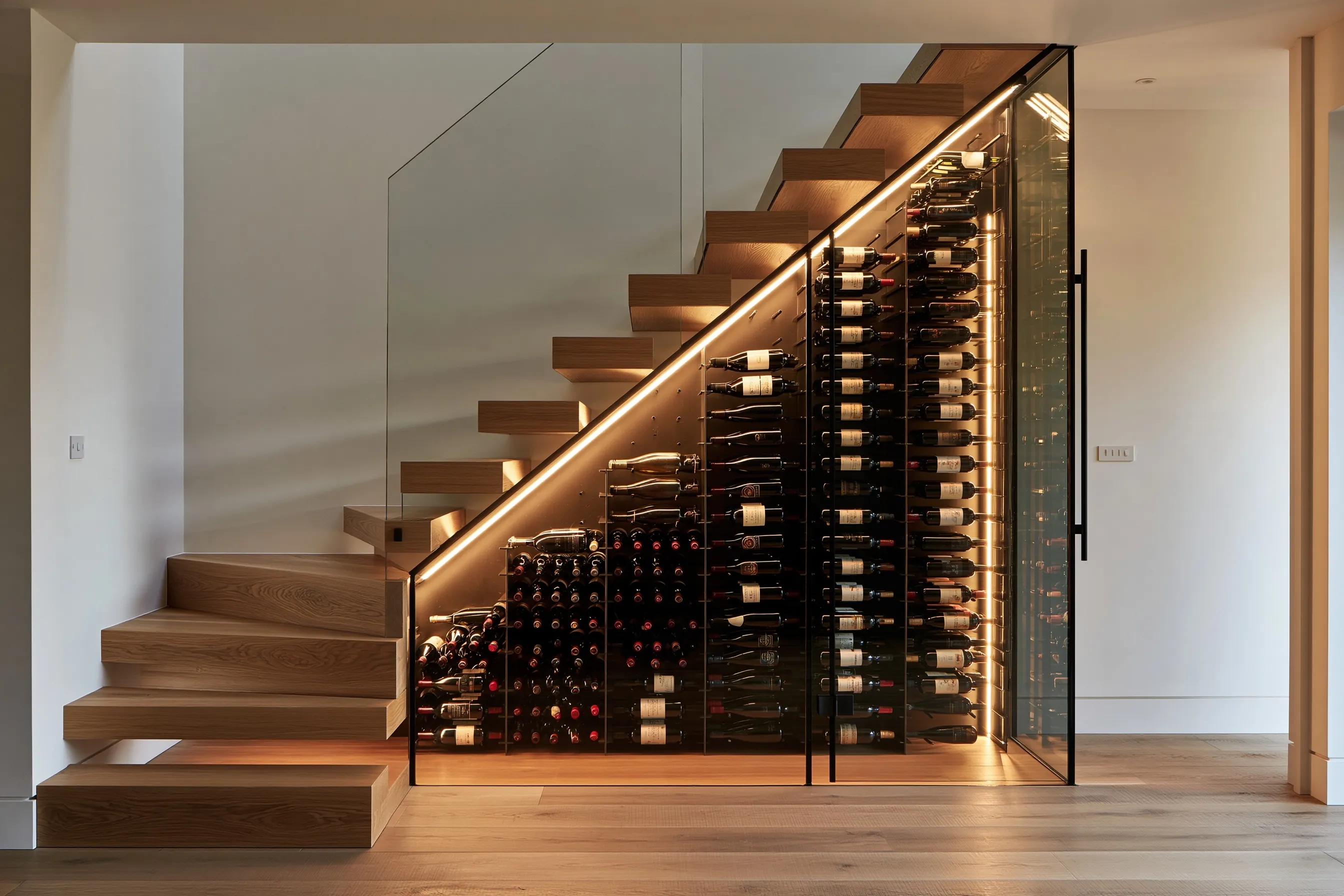 Glass-enclosed wine cellar filling the space beneath a floating oak staircase, with racking stepped to the stair slope and an LED strip along the stringer